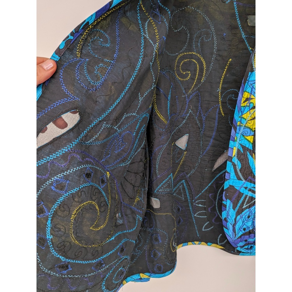 Chicos Silk Jacket Women Medium Blue Floral Art To Wear Embroidered Open Front - Picture 3 of 7